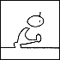 A stick figure with a rounded head and small antenna performs sequential poses on a horizontal line, transitioning from crouching to standing to walking.