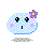 Pixelated character with light blue checkered body, pink cheeks, black eyes with blue tears, and purple flower on head in four expressions.