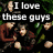 A pixelated image of a group of people with text "I love these guys" and blue hearts in the top section, transitioning to red hearts in the bottom section.