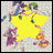 Animated pixelated image of a yellow star with colorful character figures around it, next to black background with white text.