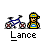 Animated contact sheet of a pixel art character named Lance riding a bicycle through multiple frames showing motion progression and text variations.