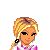 Pixel art contact sheet of nine animated frames showing a blonde doll character in various summer outfits and poses with pink text elements.