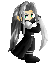 Pixelated character with long gray hair and green eyes in black outfit, holding a white object, displayed across showing motion