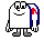 Pixelated character with white body, blue shoulder accents, red shoulder marks, and gray feet in multiple poses.