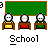 Pixel art of a classroom scene with three students at desks under a green chalkboard, labeled 'School' beneath each view.