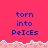 Pixelated text 'torn into PeiCs' repeated across a pink background with a white and pink jagged border, with a gray section on the right.