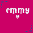 Pixelated pink background with repeated 'emmy' text and small hearts, surrounded by blue star patterns.
