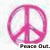 A pink peace symbol with a gradient effect on a white background, accompanied by pixelated text reading "Peace Out." at the bottom.
