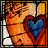 Pixelated image of a figure with closed eyes and a blue heart-shaped object against a warm-toned background with a grid-like border.