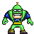 Pixel art of a green robot with blue shoulder pads, yellow belt, and black boots, standing with arms slightly outstretched against a gray background.