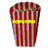 Animated contact sheet of a striped popcorn bucket icon with yellow text band, showing seven sequential frames of rotation and perspective change on gray background.