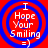 Four identical circular icons with red backgrounds and blue concentric rings, each displaying white text reading "I Hope Your Smiling =)" in a pixelated font.