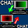 Pixelated chat interface with four monitors showing green and red screens, arrows changing direction between frames.