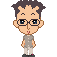 Pixel art avatar with four distinct facial expressions and poses, each showing a character with dark spiky hair, glasses, and gray shirt against gray background.