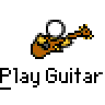 A 6-frame animated contact sheet showing a pixelated guitar icon with white circular head and brown body, repeated across two rows of three frames each on gray background.