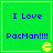 Green square with yellow border displays "I Love PacMan!!!" in blue text and a yellow PacMan icon in bottom-right corner.