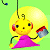 A 50x50 pixel animated buddy icon featuring a yellow cartoon character with long blonde hair, red headphones, and a pink dress holding a blue-and-red object against a green background split into two sections.