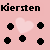 Pixelated pink background with black text 'Kiersten' at top, five black pixel-art shapes surrounding a central light pink heart shape.