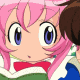 Animated sequence of two anime-style characters with pink and brown hair, blue eyes, red bow ties, green collars, white fur trim, and blue sleeves interacting in a