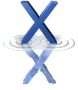 Blue X-shaped symbols with water ripple reflections on a gray background, arranged in two of three