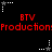 Red text 'BTV Production:Production' repeats across a black background with white and gray star-shaped cursor icons in pixelated animation.