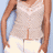 A woman in a white lace top and white pants appears in four showing slight pose adjustments
