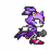 Pixel art character with purple hair and red eyes in six running poses, white face, pink and black shoes, gray gloves, and a purple outfit with pink accents.