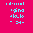 Four identical pink square with green borders display light blue text reading "miranda +gina +kyle = bff"; the top-right has a green heart, and the bottom-right has a green star