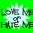 Green background with repeated white starburst shapes and black text reading "LOVE ME or HATE ME" in two