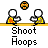 4x4 contact sheet of 16 animated frames showing a yellow stick figure performing basketball actions with orange-and-black balls and hoops on gray background