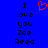 Blue background with black pixelated text reading "I love you Zoe Reed" and a red pixelated heart symbol above the text.
