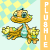Animated contact sheet of a pixelated plushie character with yellow and brown coloring, repeated across multiple frames on a checkered background with vertical text banners.