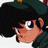 Pixelated anime-style character with dark hair and green cap, side profile facing right, on black background with white text.