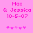 Pink background with pixelated text reading 'Max & Jessica 10-5-07' and a of pink heart symbols below, showing two animation frames where the hearts shift position