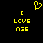 Yellow pixelated text and heart symbol on black background, with 'I LOVE AGE' repeated twice and a heart above the text.