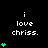 Pixelated text 'i love chriss.' appears with green heart symbols increasing in number across frames on a black background.
