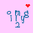Pixelated blue text 'i my 2' on light pink background with red heart and starburst animations above.