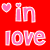 A split-screen animated contact sheet showing two versions of a 'in love' text icon with heart symbols, one on red background and the other on pink background.