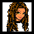Pixel art contact sheet showing five frames of an animated AIM buddy icon featuring a skater girl character with long brown hair, black pants, and blue text elements.