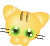 Pixelated yellow cat head with green eyes, brown stripes on forehead, black whiskers; left side has white text above, right side has pink 'NEW!' text.