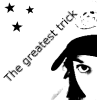 Black-and-white cartoon head with beret, stars, moon, and changing text phrases