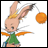 Pixelated character with long ears holds orange ball, wearing green dress with orange accents on white and black background.