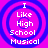 Four identical circular icons with blue concentric rings on a pink background, each displaying white text reading "I Like High School Musical" in pixelated font.
