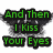 Green and blue pixelated text blocks display song lyrics with 'And Then I Kiss Your Eyes' on the left and 'And Thank God We're Together' on the right.