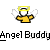 Pixelated angel icon with yellow halo, white wings, and yellow robe on gray background beneath "Angel Buddy" text.