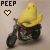 Pixelated yellow hat on a dark figure with red accents, next to 'PEEP' text and a heart symbol.