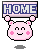 Pixel art contact sheet of four animated frames showing a pink cartoon character holding a 'HOME' sign with varying facial expressions and shadows.