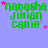 Green pixelated text 'natasha jillian came' on light blue background with pink stars, arranged in a of identical copies
