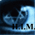 A 2x2 contact sheet of three animated frames showing a blue skull icon with varying lighting effects and text labels "H.I.M.", "Dark", and "Light".