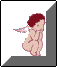 Pixelated angel icon with red hair and wings, crouching pose on gray background within framed border.